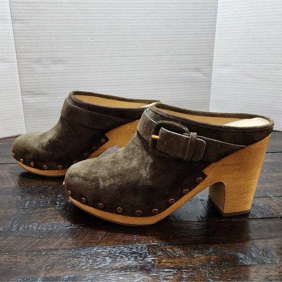 Veronica Beard military green Dacey Suede studded Clogs women's size 9 new - Picture 2 of 9